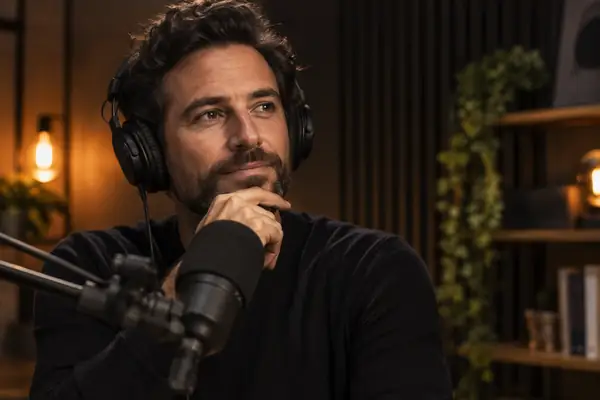 Thoughtful podcast host against a warm studio backdrop, close-cropped photographic portrait.