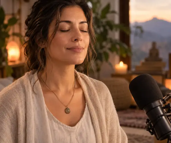 Gentle meditation guide in a peaceful softly lit setting, close-cropped photographic portrait.
