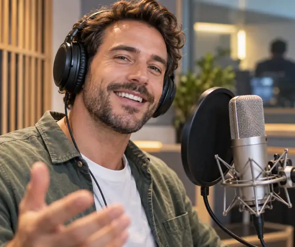 Confident advertising voice artist in a bright recording studio, close-cropped photographic portrait.