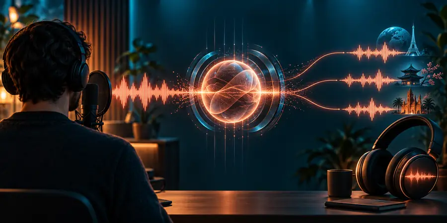 Reviewed generated voice track with a clear waveform and organized script